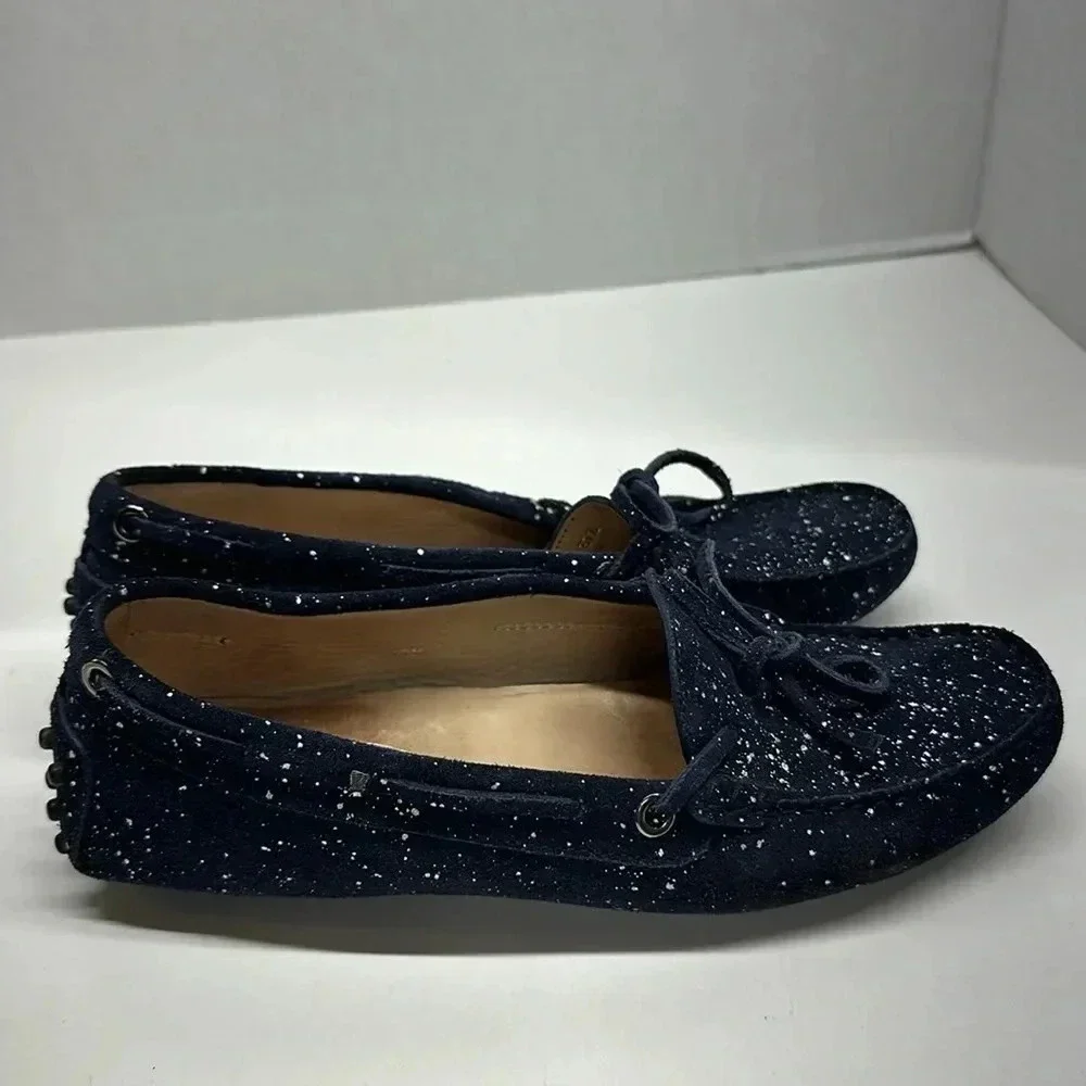 Tods Driving Moccasins Loafers Suede Leather Paint Splatter Navy Blue Size 7.5